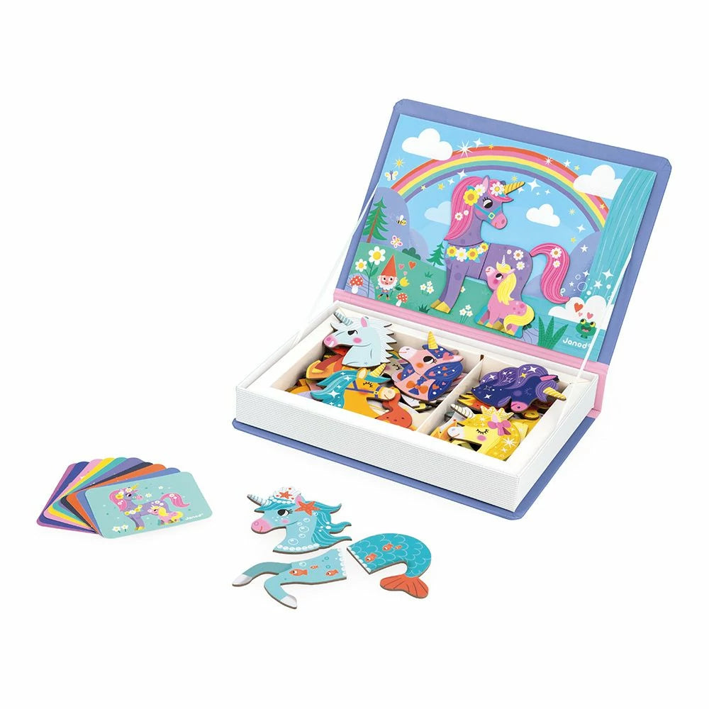 Unicorn-themed wooden puzzle set with pieces and packaging on a white background