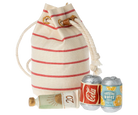 Drawstring bag with vintage-style Coca-Cola and sparkling water cans on a white background