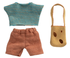 Knitted blue and orange top, brown shorts, and a brown bag with spots on a white background