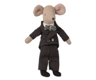 Stuffed toy mouse in a dark suit with a bow tie on a white background