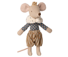 Stuffed toy Maileg prince mouse in a outfit with a crown on a white background