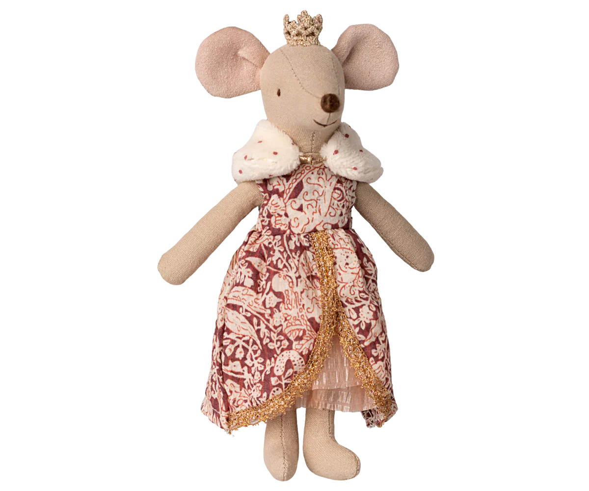 Stuffed mouse toy with a patterned dress and crown on a white background