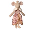 Stuffed mouse toy with a patterned dress and crown on a white background
