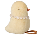 Stuffed toy chick with a lace collar and brown rope on a white background