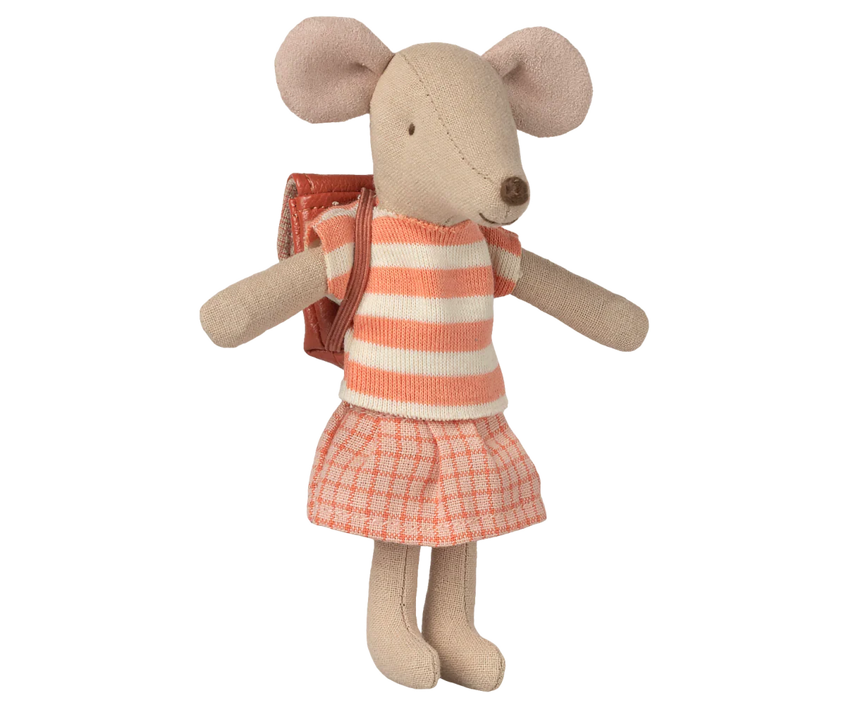 Stuffed maileg mouse toy wearing a striped shirt and checkered skirt on a white background