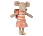 Stuffed maileg mouse toy wearing a striped shirt and checkered skirt on a white background