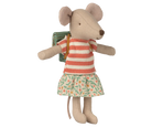 Stuffed Maileg mouse toy wearing a striped dress and holding a book on a white background