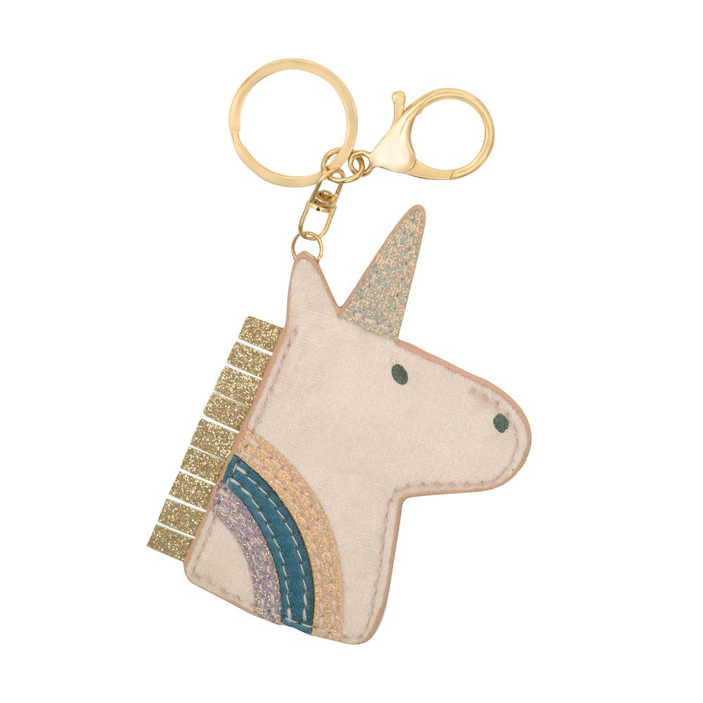 Unicorn-shaped keychain with gold horn and rainbow pattern on a white background