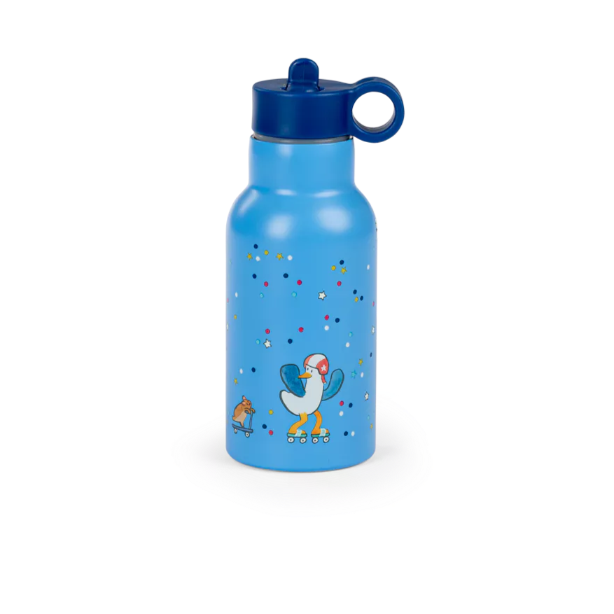 Blue water bottle with a colorful design on a white background