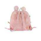 Pink backpack with striped straps on a white background