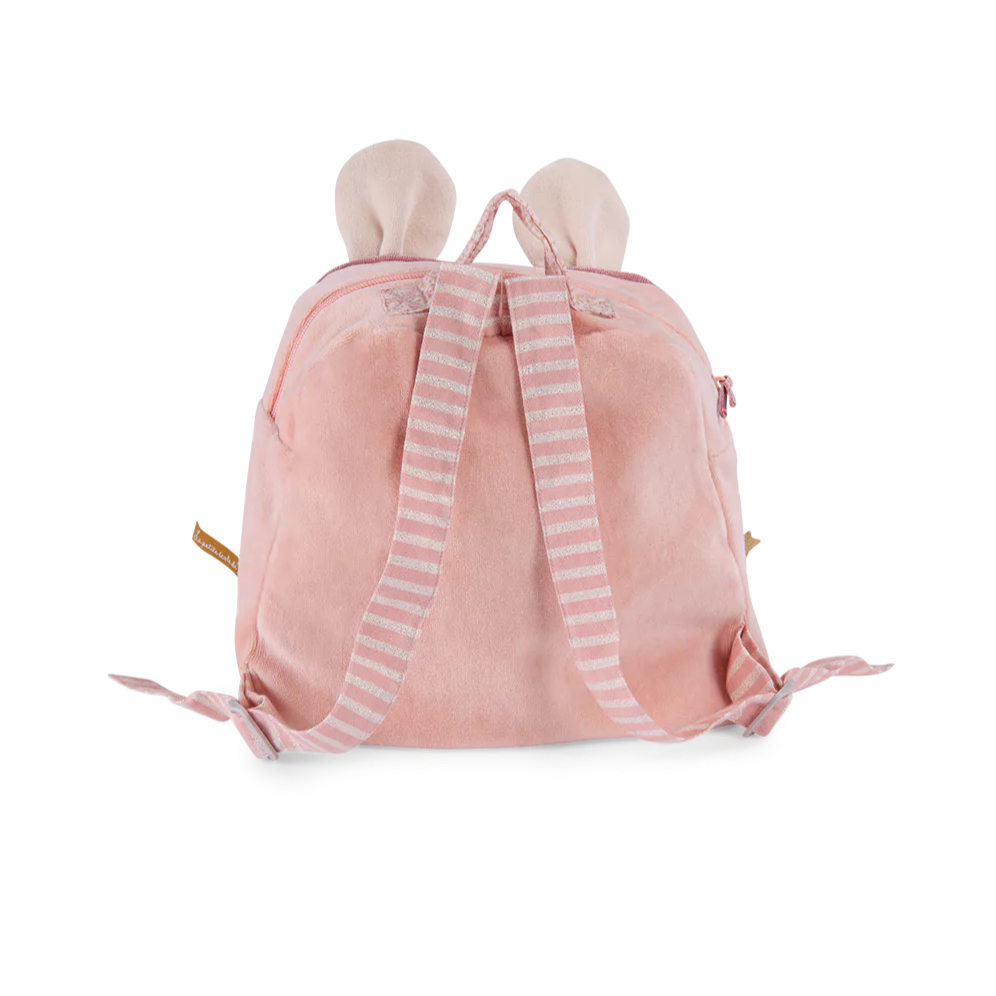 Pink backpack with striped straps on a white background