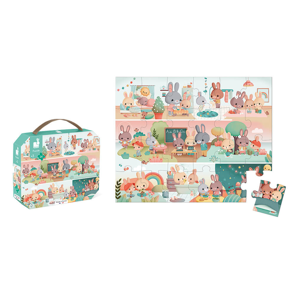 Children's puzzle with bunny theme and matching storage box on a white background