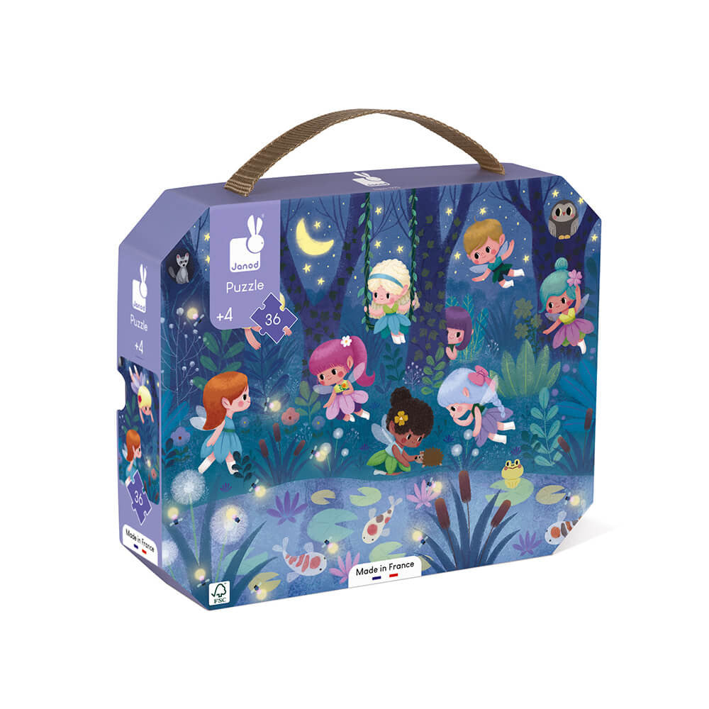 Fairy-themed puzzle box with illustrations of fairies in a forest on a white background