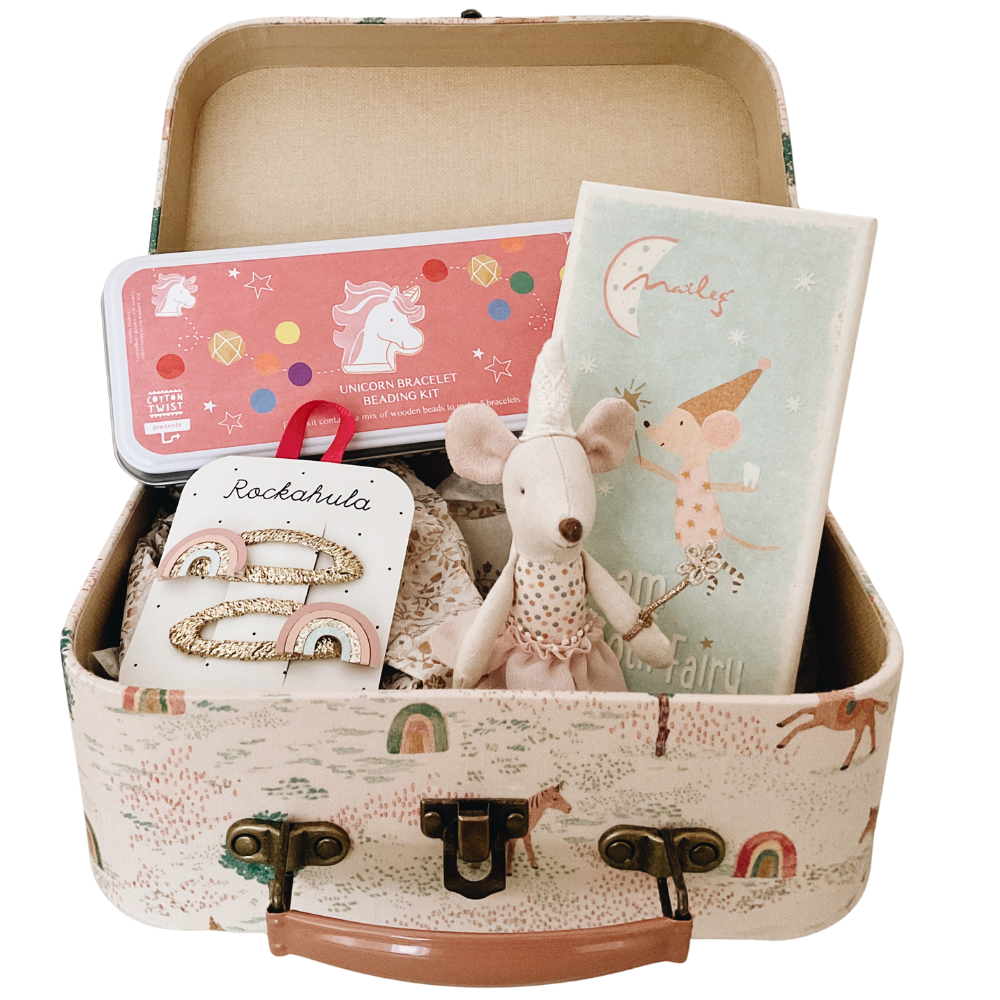 Child's suitcase gift set with Maileg tooth fairy, unicorns and rainbows