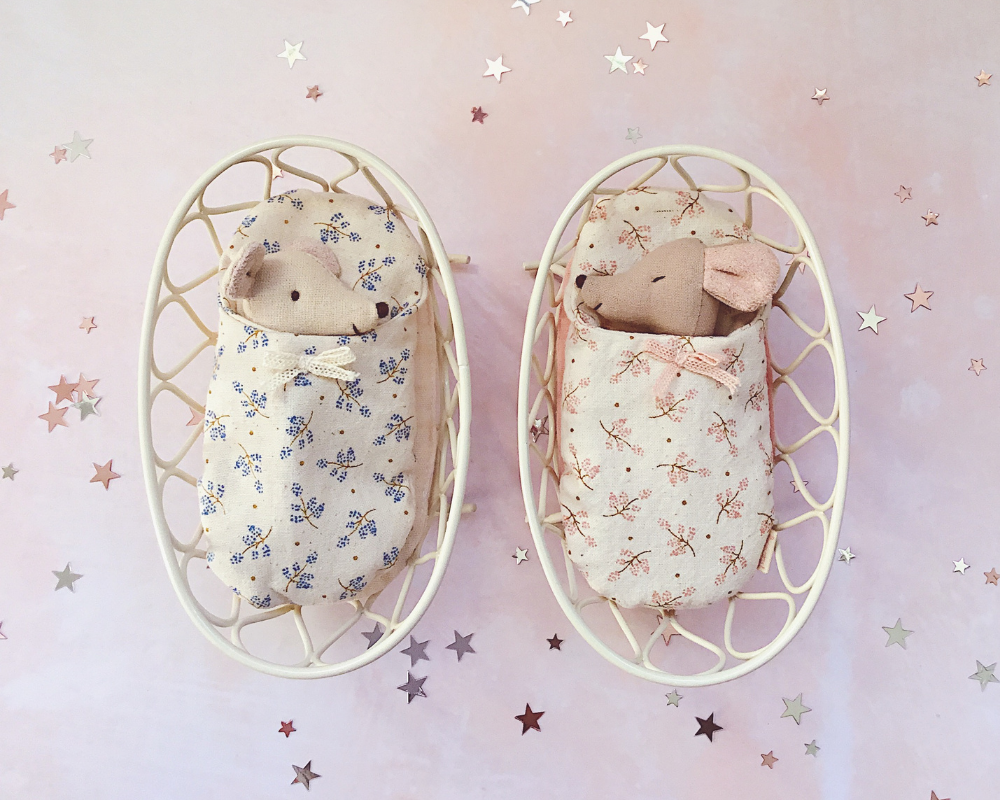 Maileg baby twin mice in two cradles 