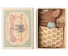 Maileg miniature stuffed mouse toy in a decorative matchbox packaging with a vintage design.