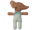 Maileg Stuffed toy mouse with a knitted bow tie and light blue outfit on a white background