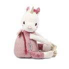 Plush unicorn childrens backpack with pink accents on a white background