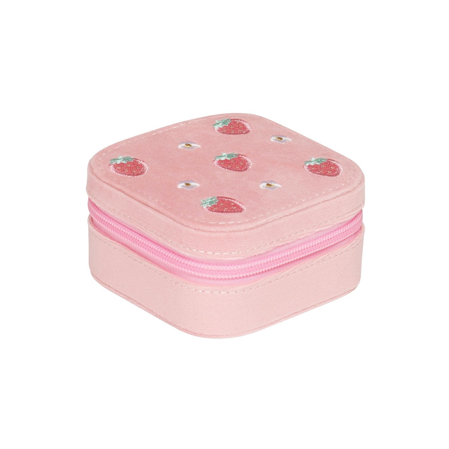 A small pink jewellery box with a strawberry pattern and a zip closure.