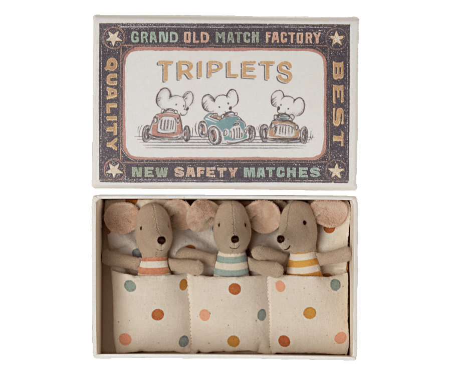 Maileg triplets baby mice in a matchbox 