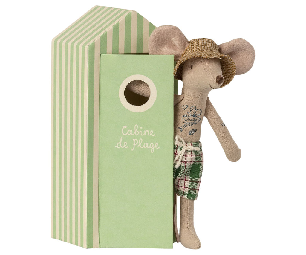 Maileg beach dad mouse with tattoos in beach hut