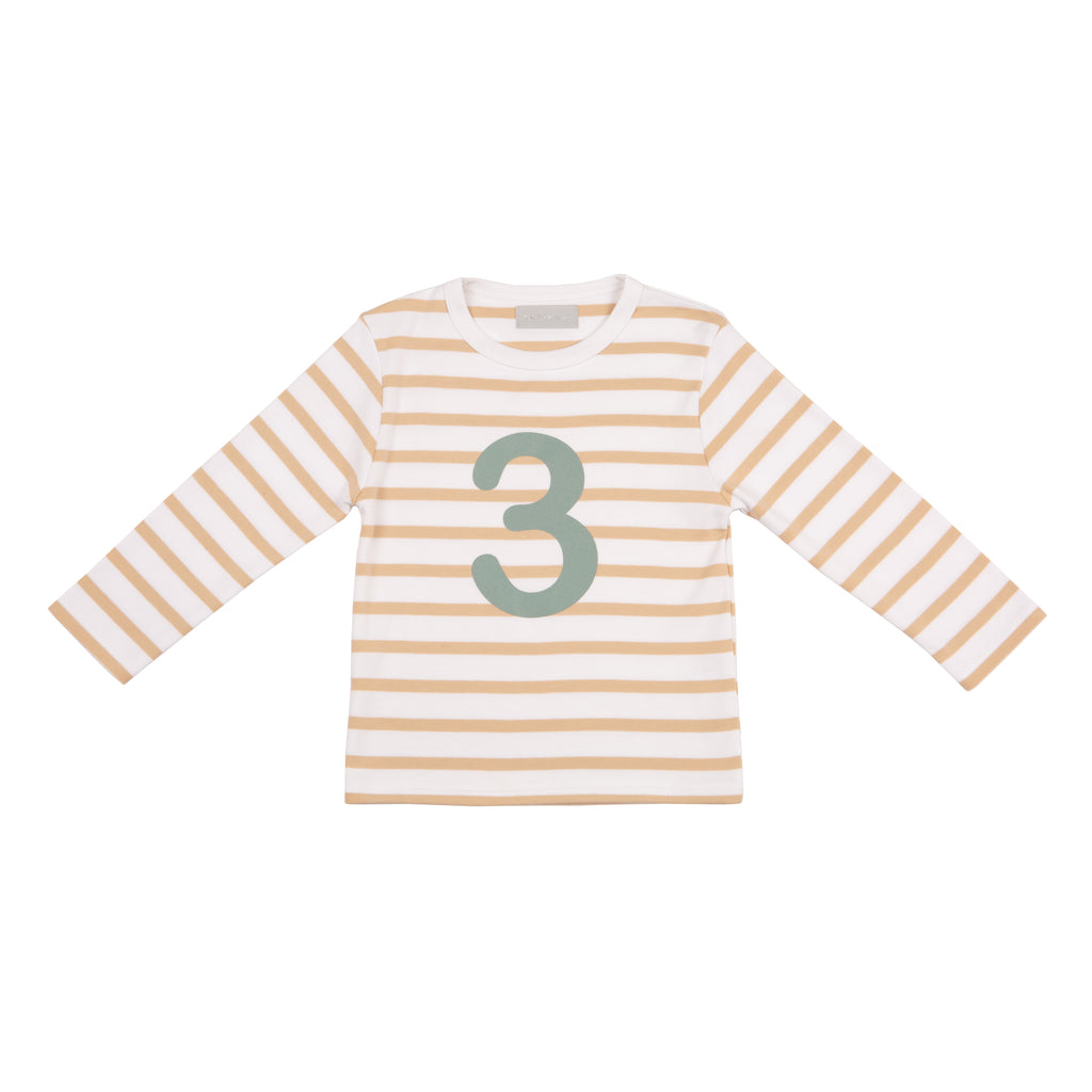Bob and Blossom Number 3 Breton T-Shirt - Biscuit and green