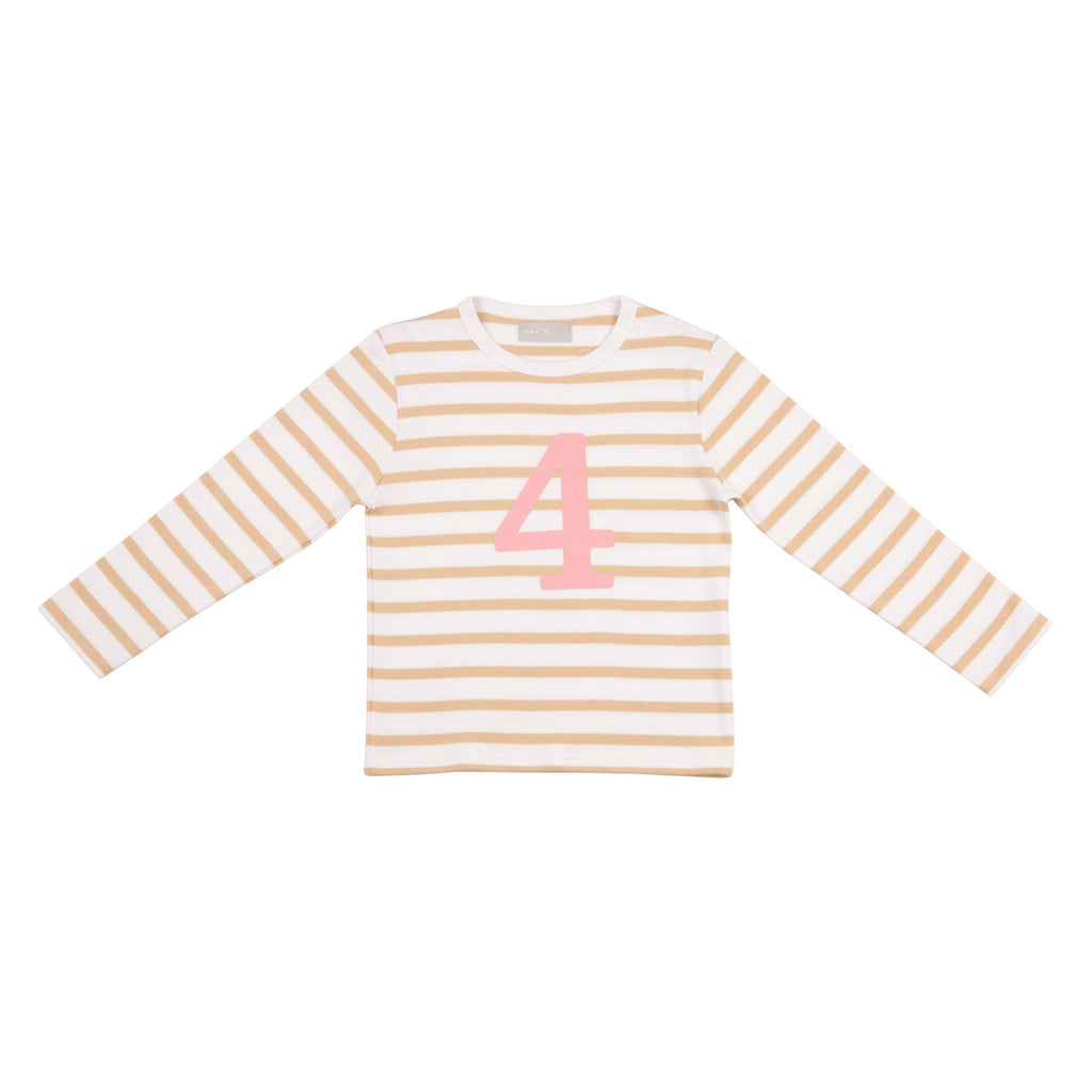 Bob and Blossom Number 4 Breton T-Shirt - biscuit and pink