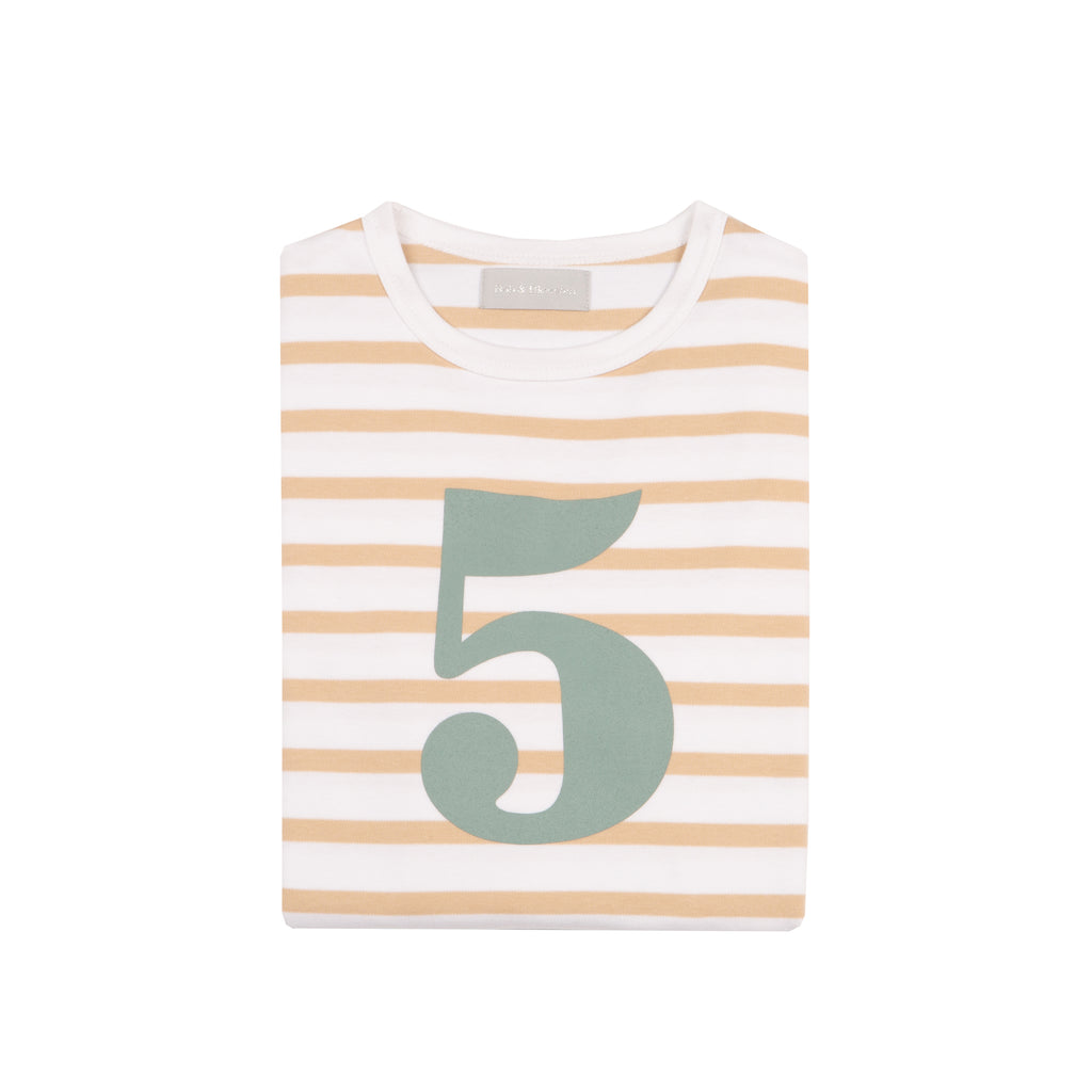 Bob and Blossom Number 5 Breton T-Shirt - Biscuit and green