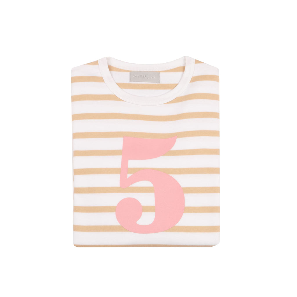 Bob and Blossom Number 5 Breton T-Shirt - biscuit and pink