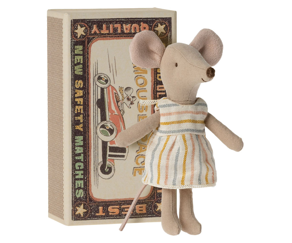 Maileg big sister mouse in a matchbox with striped dress